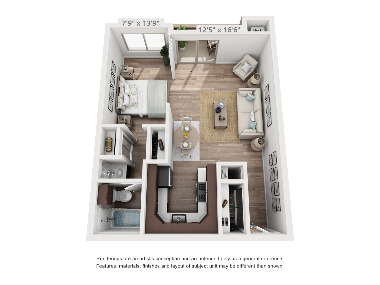 Floor plan for studio, 1 bath, 530 sqft